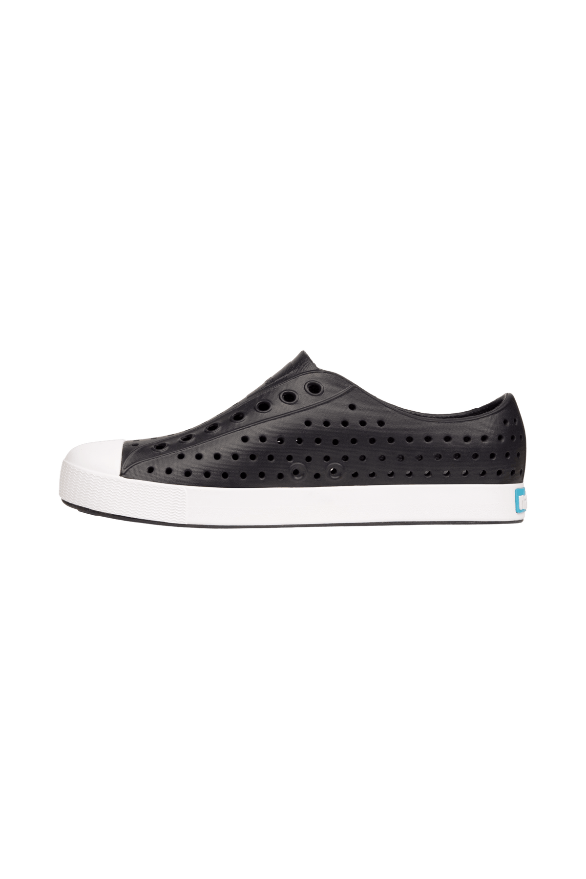 Angled view of a Native Shoes Jefferson | Jiffy Black / Shell White Footwear in Jiffy Black / Shell White
