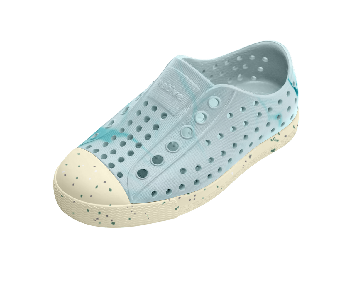 Angled view of a Native Shoes Kids Jefferson Bloom Print Kids | Dawn Blue / Bone White Speckles / Light Water Footwear in Dawn Blue / Bone White Speckles / Light Water