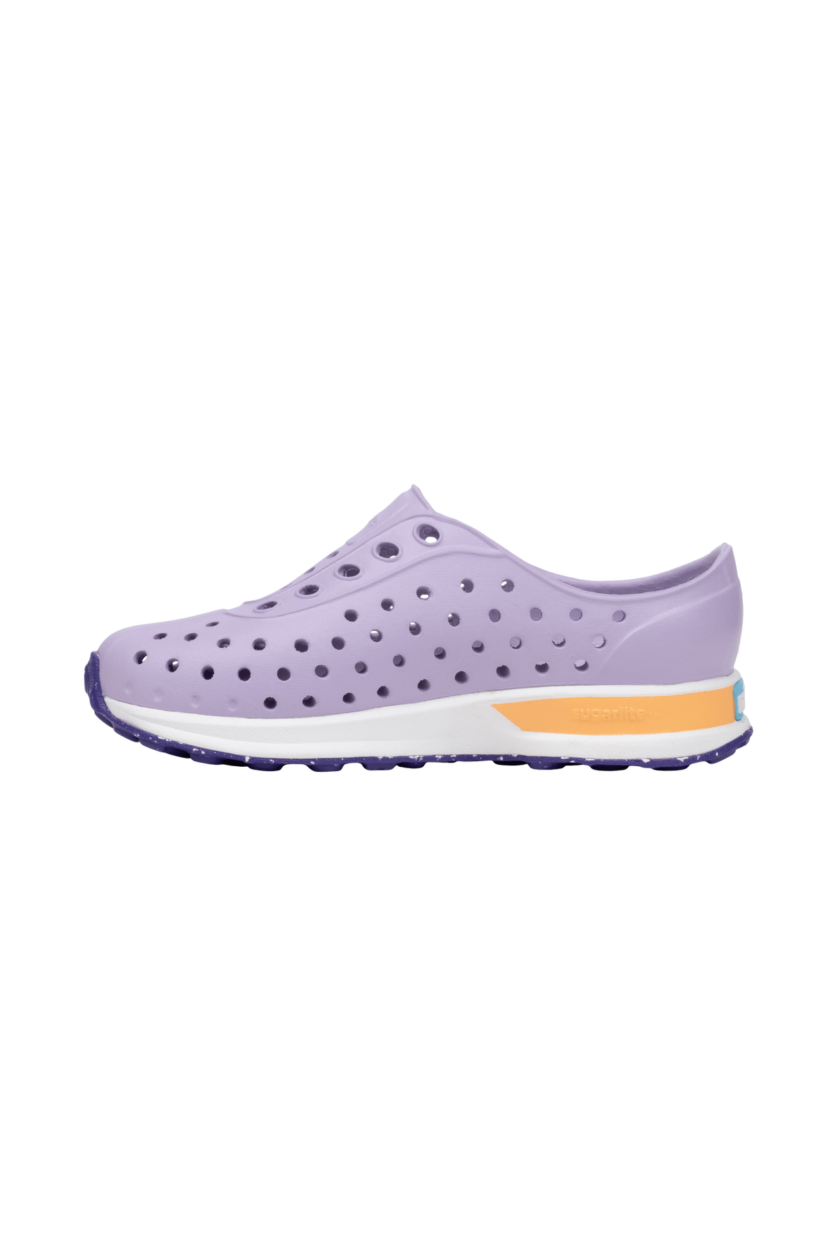 Angled view of a Native Shoes Kids Robbie Block Kids | Troprp/Bnwht/Parapnk/Glmspckrb Footwear in Troprp/Bnwht/Parapnk/Glmspckrb
