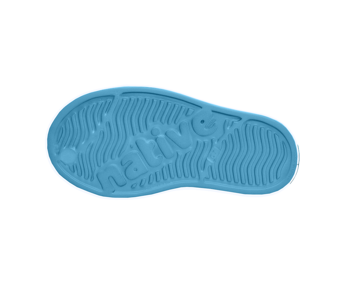 Bottom view of a Native Shoes Kids Jefferson Print Kids | Aquarius Blue / Shell White / Anchors Footwear in Aquarius Blue / Shell White / Anchors