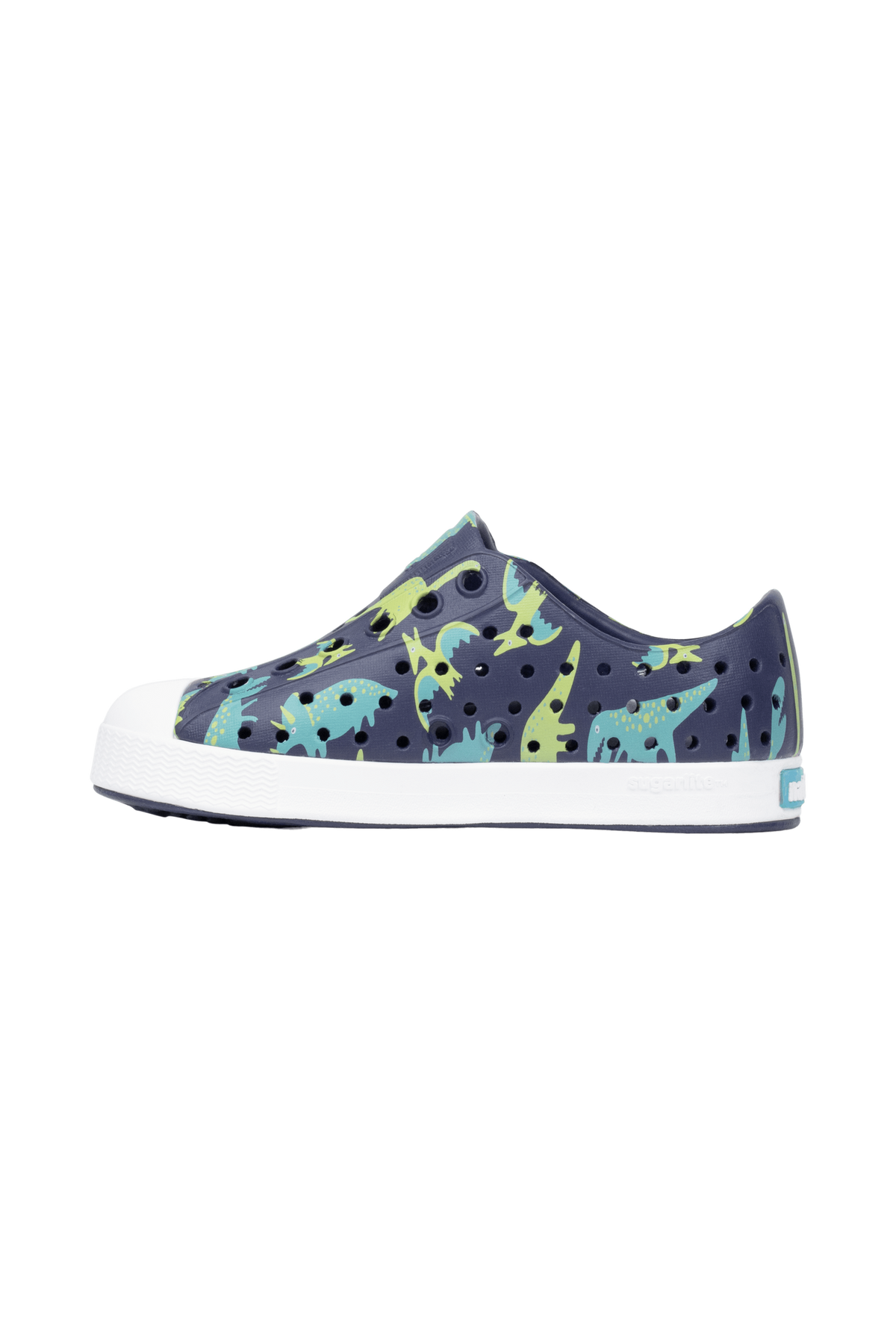 Angled view of a Native Shoes Kids Jefferson Print Kids | Rgtabl/Shlwht/Tnkdino Footwear in Rgtabl/Shlwht/Tnkdino