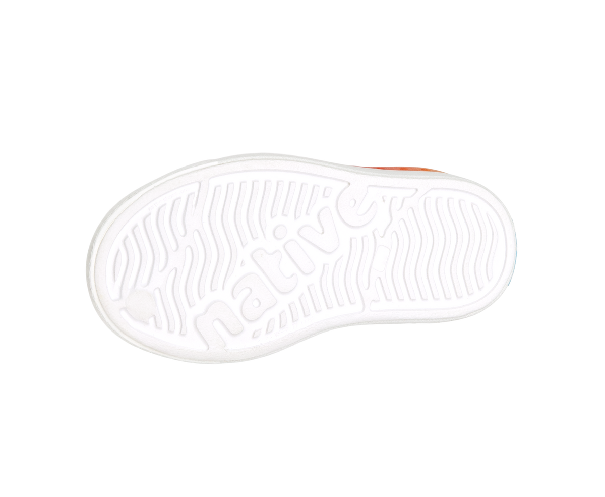 Bottom view of a Native Shoes Kids Jefferson Print Kids | Shell White / Transparent / Rainbow Spray Footwear in Shell White / Transparent / Rainbow Spray