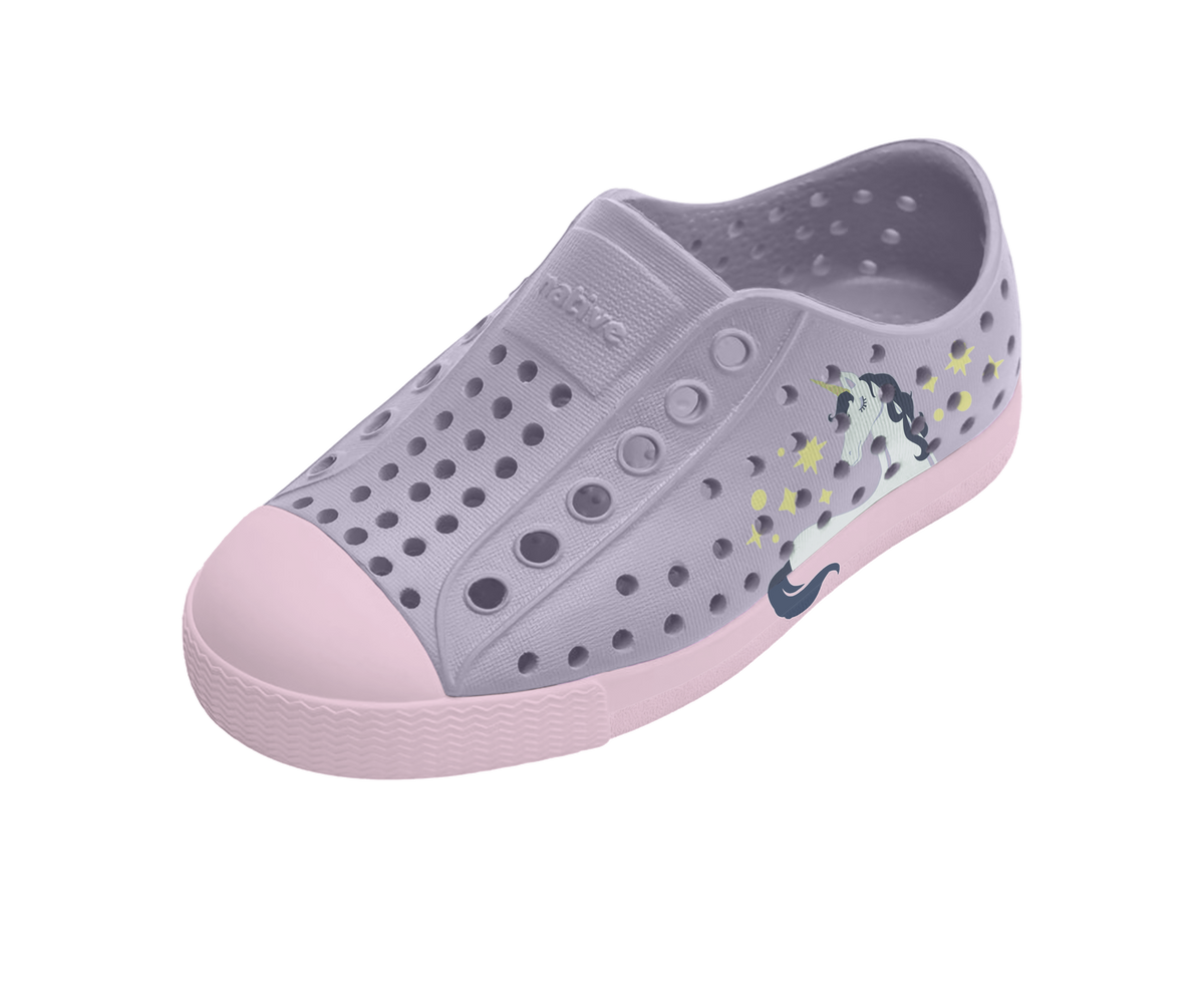 Angled view of a Native Shoes Kids Jefferson Block Kids | Future Purple / Barely Pink / Unicorn Block Footwear in Future Purple / Barely Pink / Unicorn Block