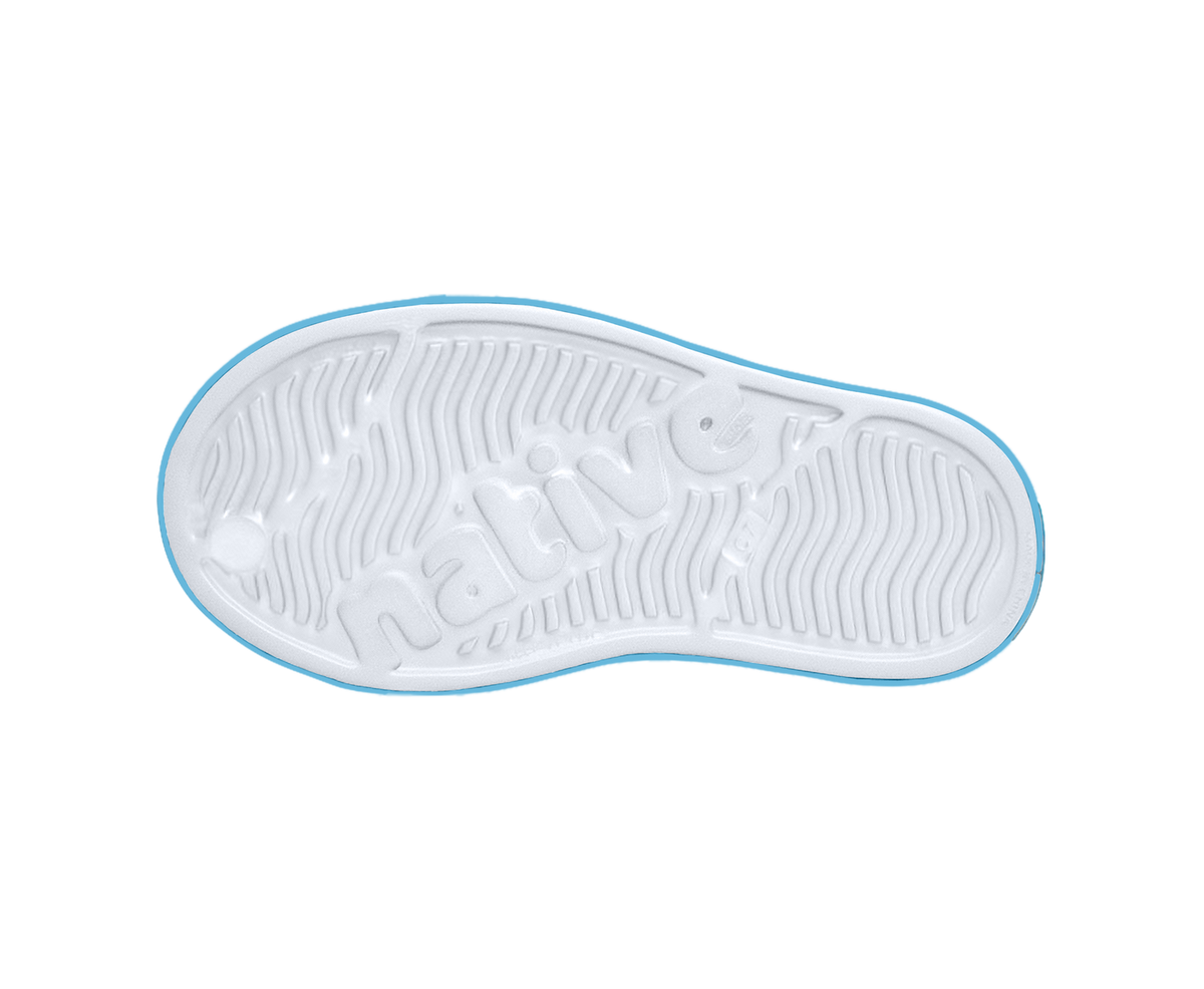 Bottom view of a Native Shoes Kids Jefferson Block Kids | Shell White / Aquarius Blue / Banana Block Footwear in Shell White / Aquarius Blue / Banana Block