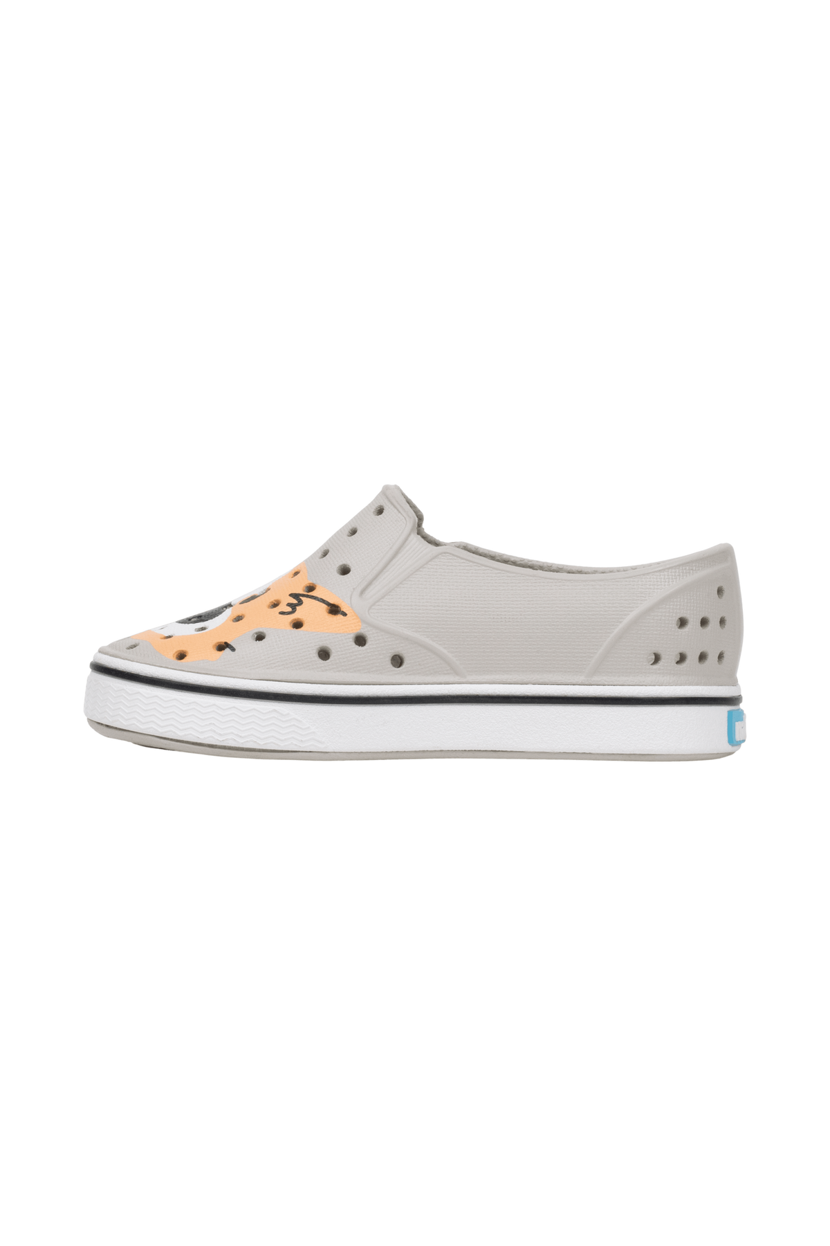 Angled view of a Native Shoes Kids Miles Block Kids | Slkgry/Shlwht/Corgidogbloc Footwear in Slkgry/Shlwht/Corgidogbloc