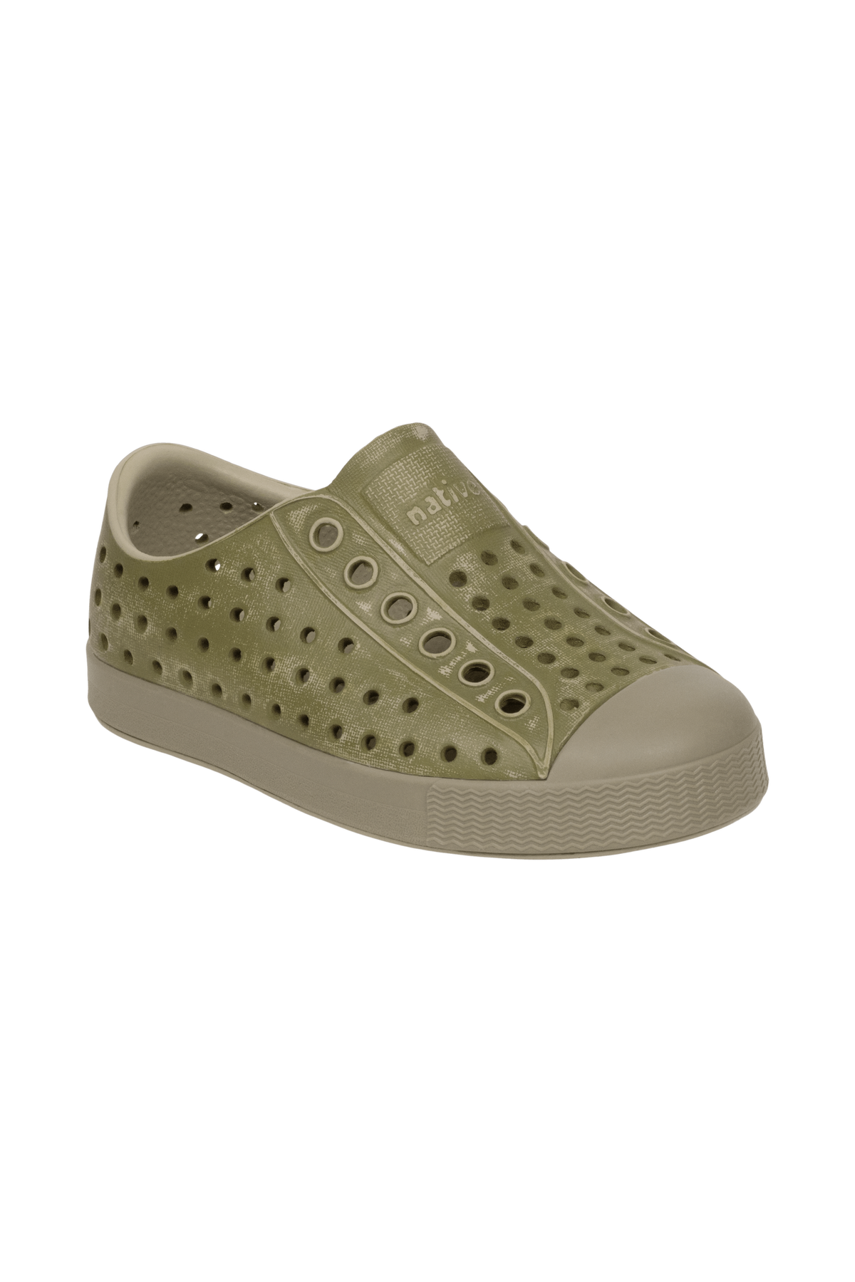 Bottom view of a Native Shoes Kids Jefferson Stonewash Kids | Elmgr/Vetgry/Rkiestnwshed Footwear in Elmgr/Vetgry/Rkiestnwshed