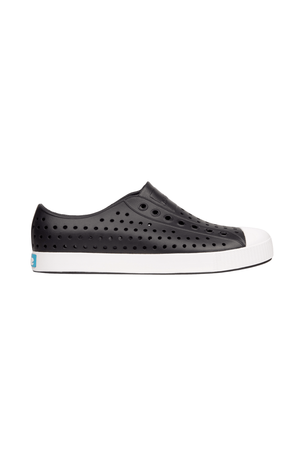 Side view of a Native Shoes Adults Jefferson Footwear in Jiffy Black / Shell White