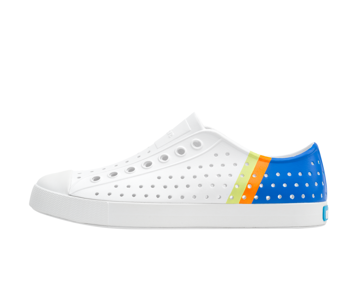 Side view of a Native Shoes Adults Jefferson Block Footwear in Shell White / Shell White / Uv City Celery Block