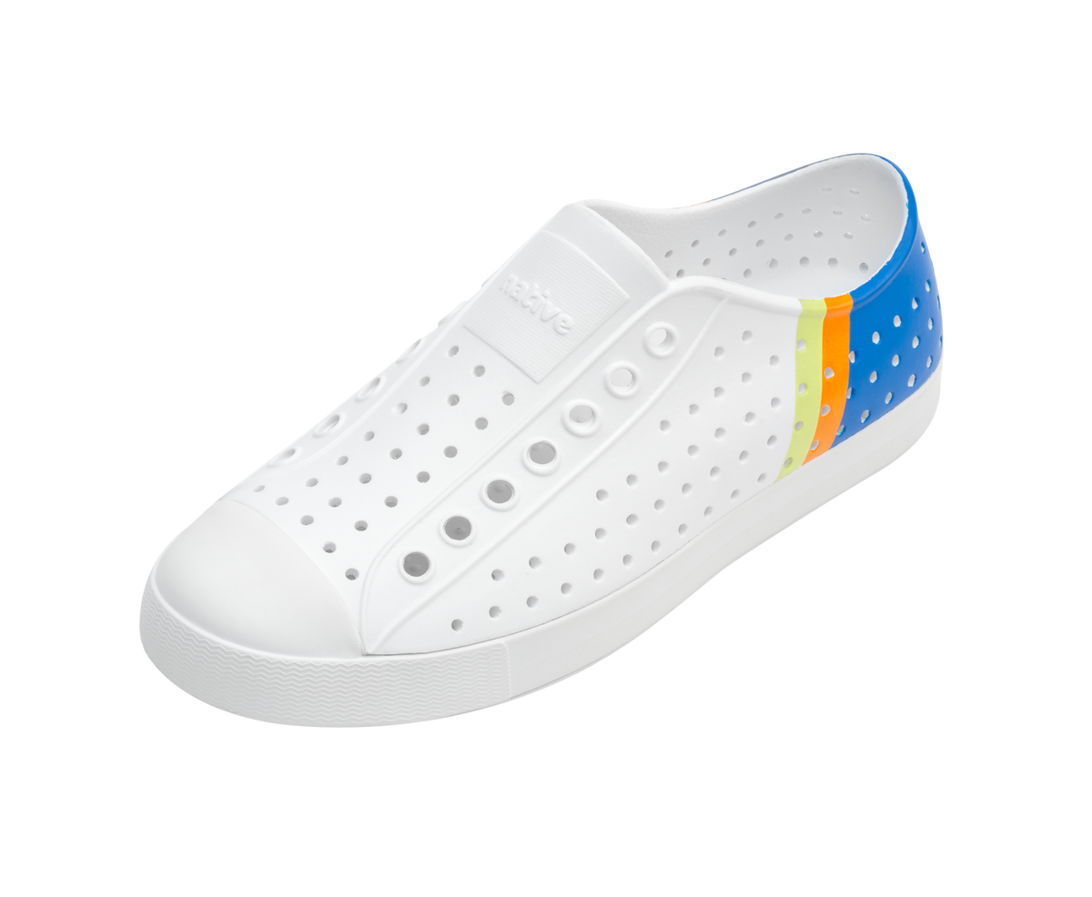 Angled view of a Native Shoes Jefferson Block | Shell White / Shell White / Uv City Celery Block Footwear in Shell White / Shell White / Uv City Celery Block