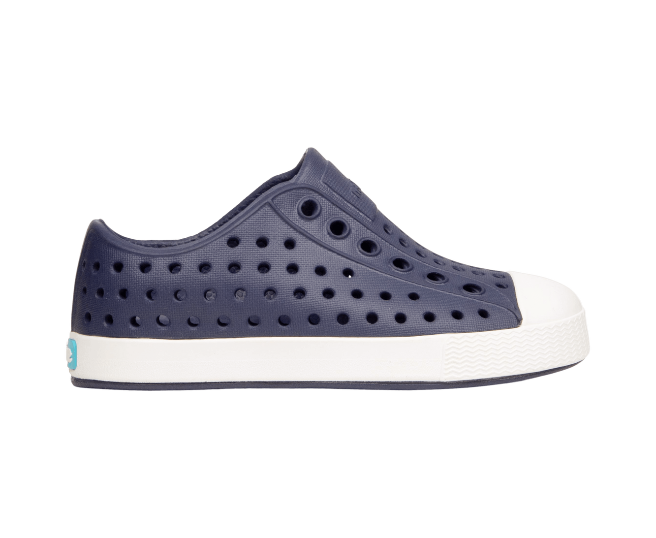 Side view of a Native Shoes Kids Jefferson Kids Footwear in Regatta Blue / Shell White