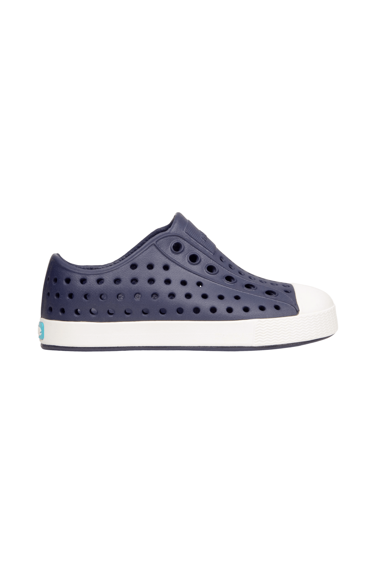 Side view of a Native Shoes Kids Jefferson Kids Footwear in Regatta Blue / Shell White