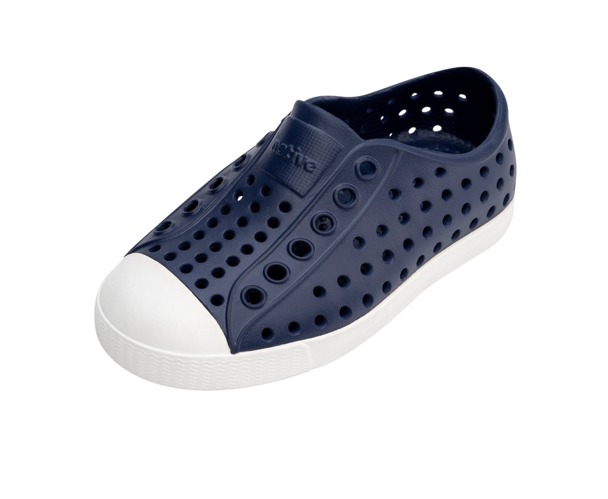 Angled view of a Native Shoes Kids Jefferson Kids | Regatta Blue / Shell White Footwear in Regatta Blue / Shell White