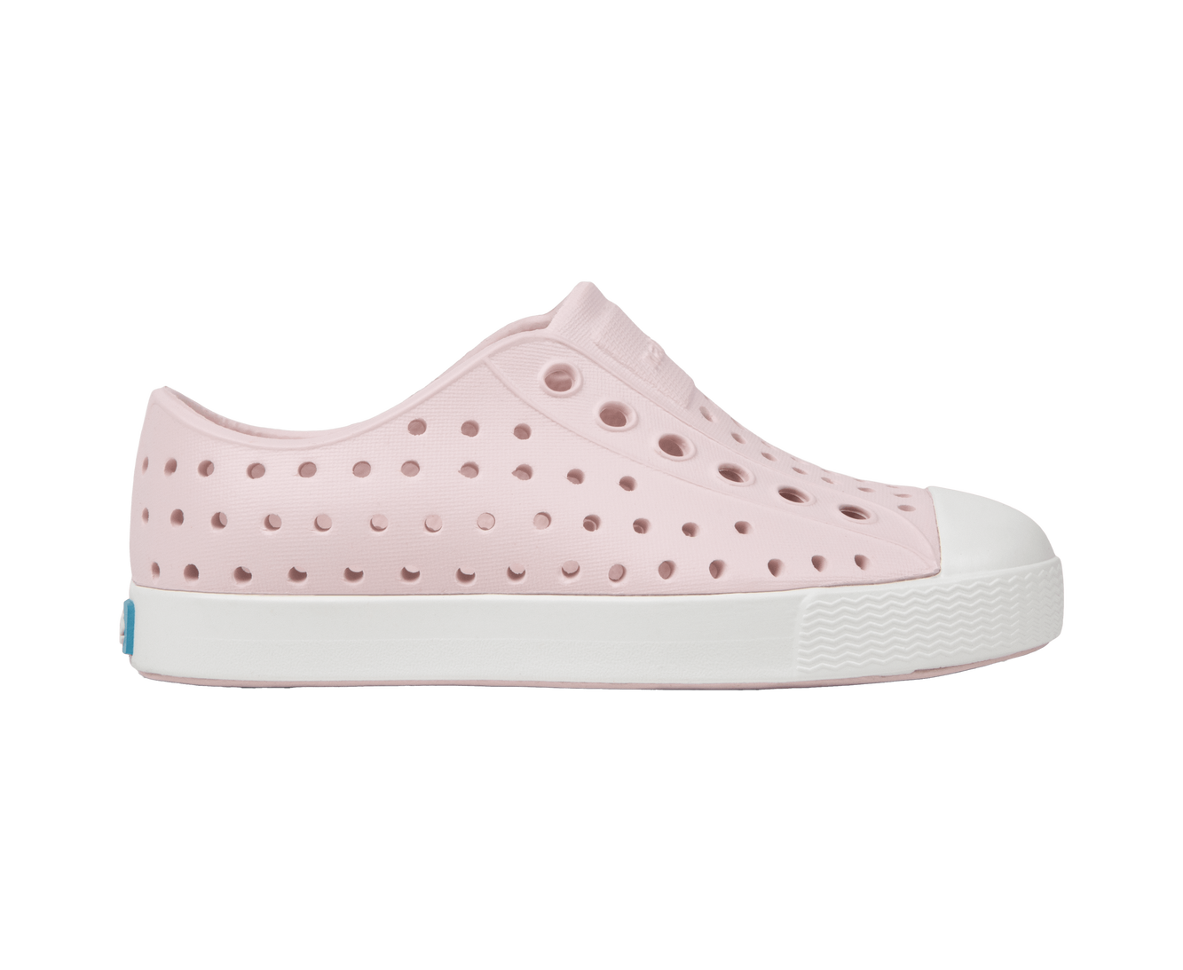 Side view of a Native Shoes Kids Jefferson Kids Footwear in Milk Pink / Shell White