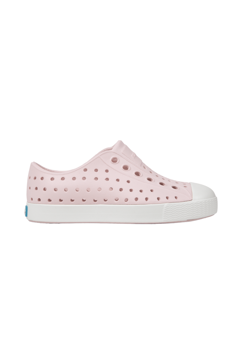 Side view of a Native Shoes Kids Jefferson Kids Footwear in Milk Pink / Shell White