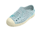 Angled view of a Native Shoes Kids Jefferson Bloom Print Kids | Dawn Blue / Bone White Speckles / Light Water Footwear in Dawn Blue / Bone White Speckles / Light Water