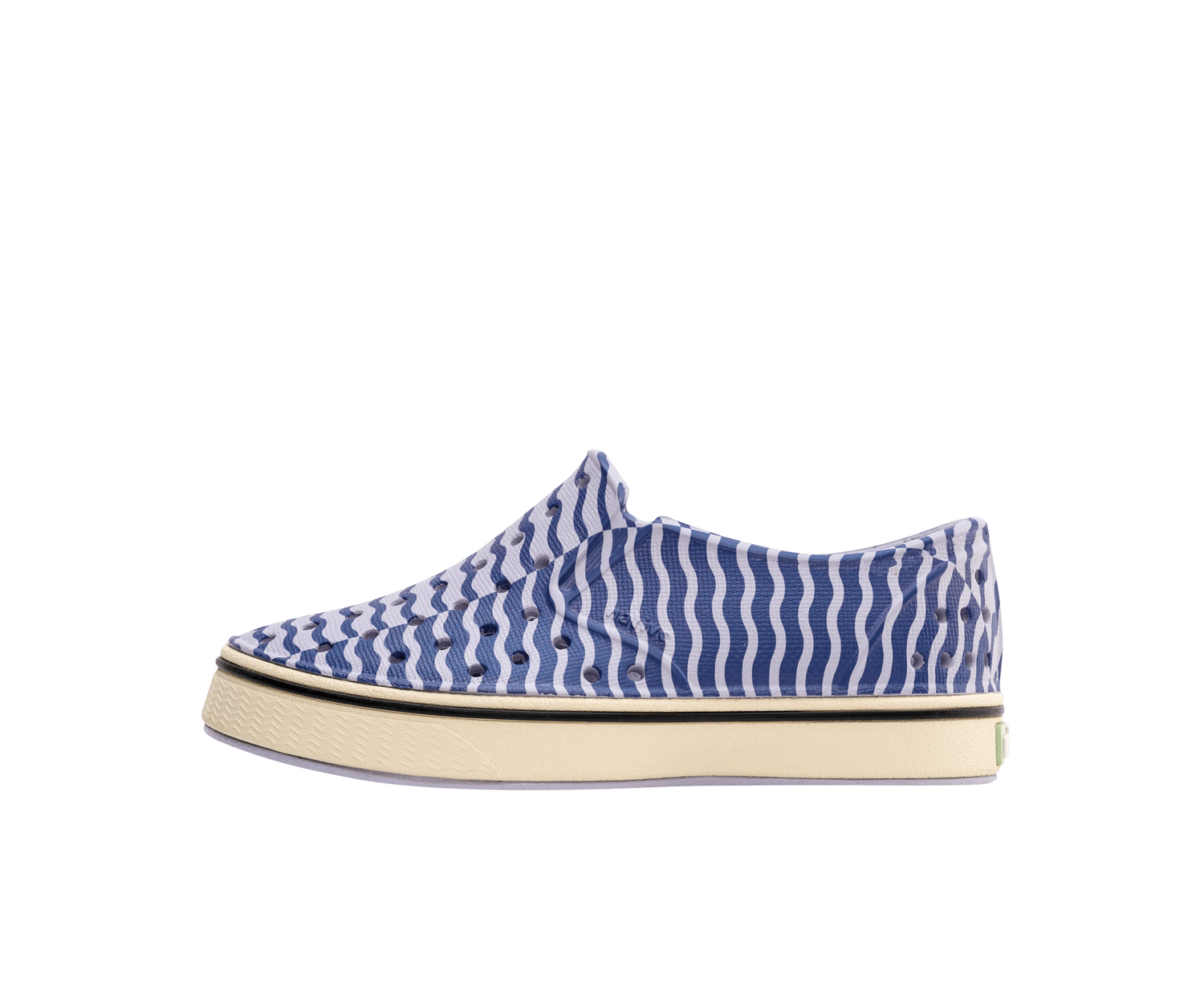 Side view of a Native Shoes Kids Miles Bloom Print Kids Footwear in Future Purple / Bone White / Ink Wiggle Stripe