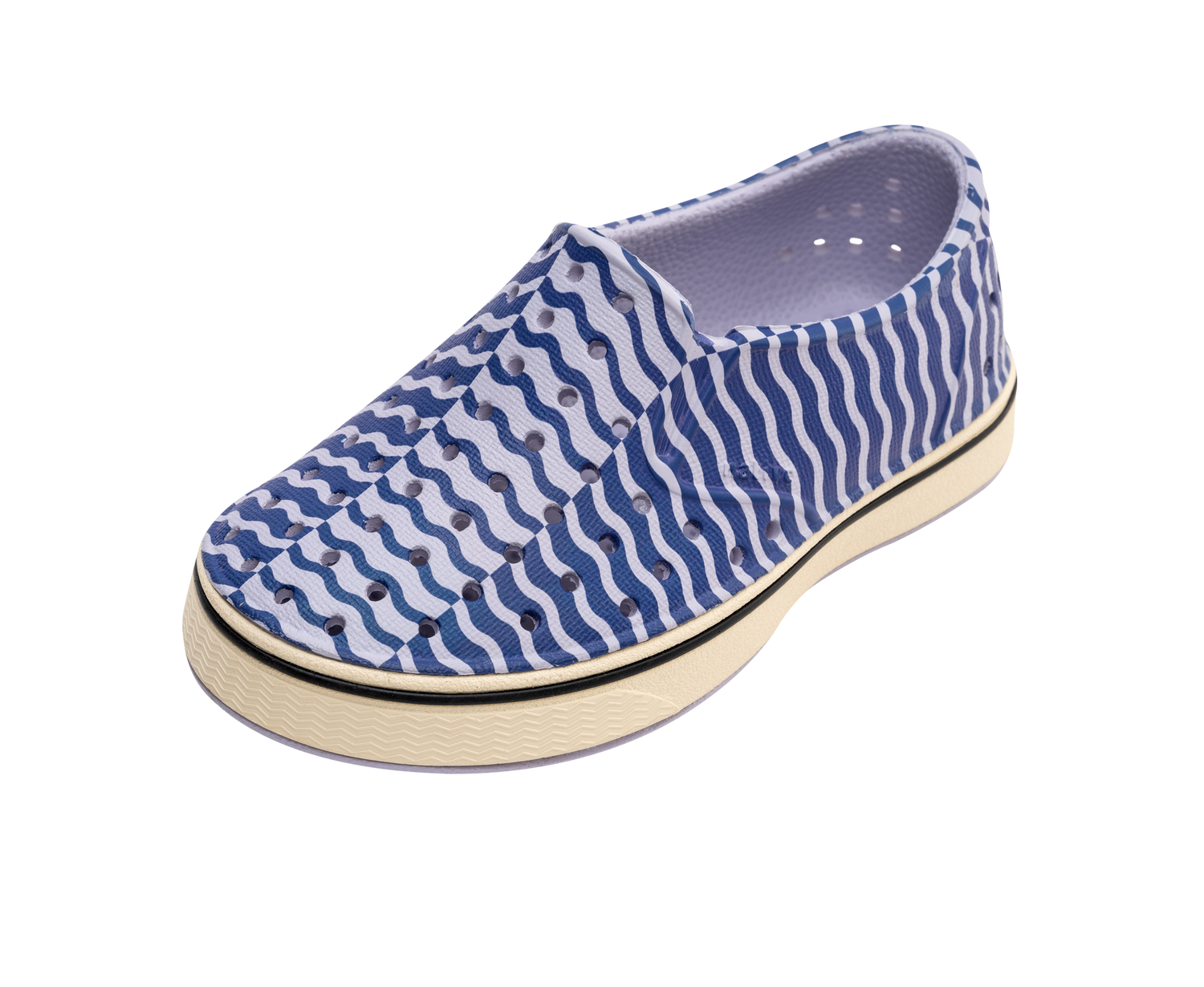 Angled view of a Native Shoes Kids Miles Bloom Print Kids | Future Purple / Bone White / Ink Wiggle Stripe Footwear in Future Purple / Bone White / Ink Wiggle Stripe