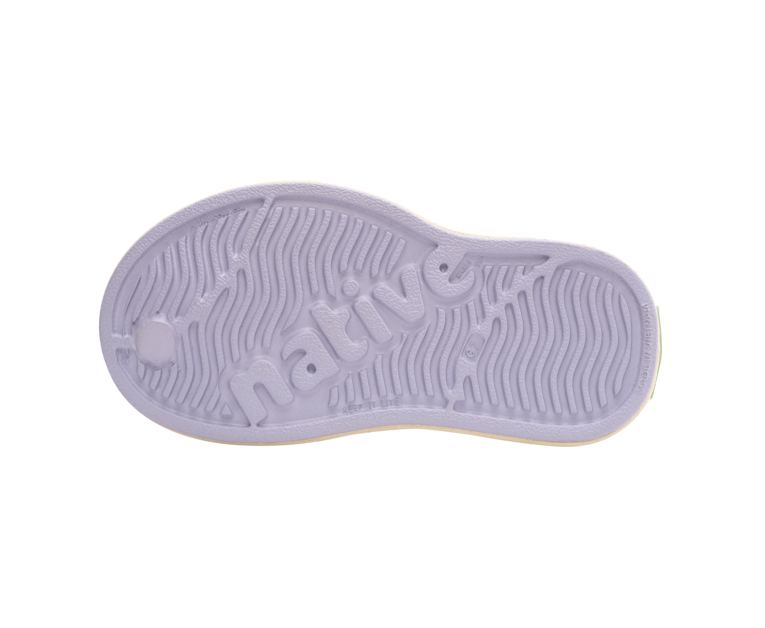 Bottom view of a Native Shoes Kids Miles Bloom Print Kids | Future Purple / Bone White / Ink Wiggle Stripe Footwear in Future Purple / Bone White / Ink Wiggle Stripe