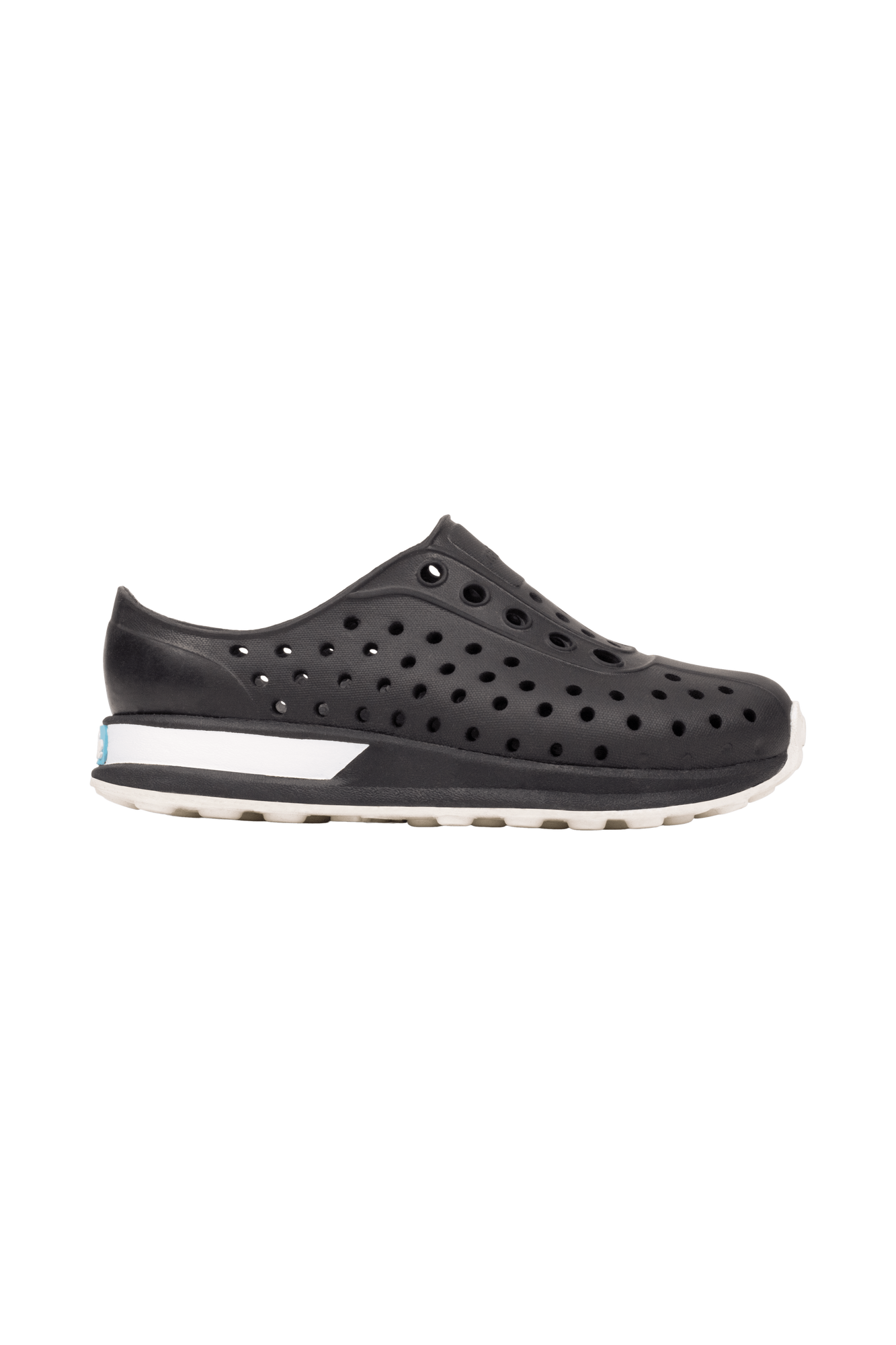 Side view of a Native Shoes Kids Robbie Block Kids Footwear in Jfyblk/Jfyblk/Shlwht/Shlspckrb