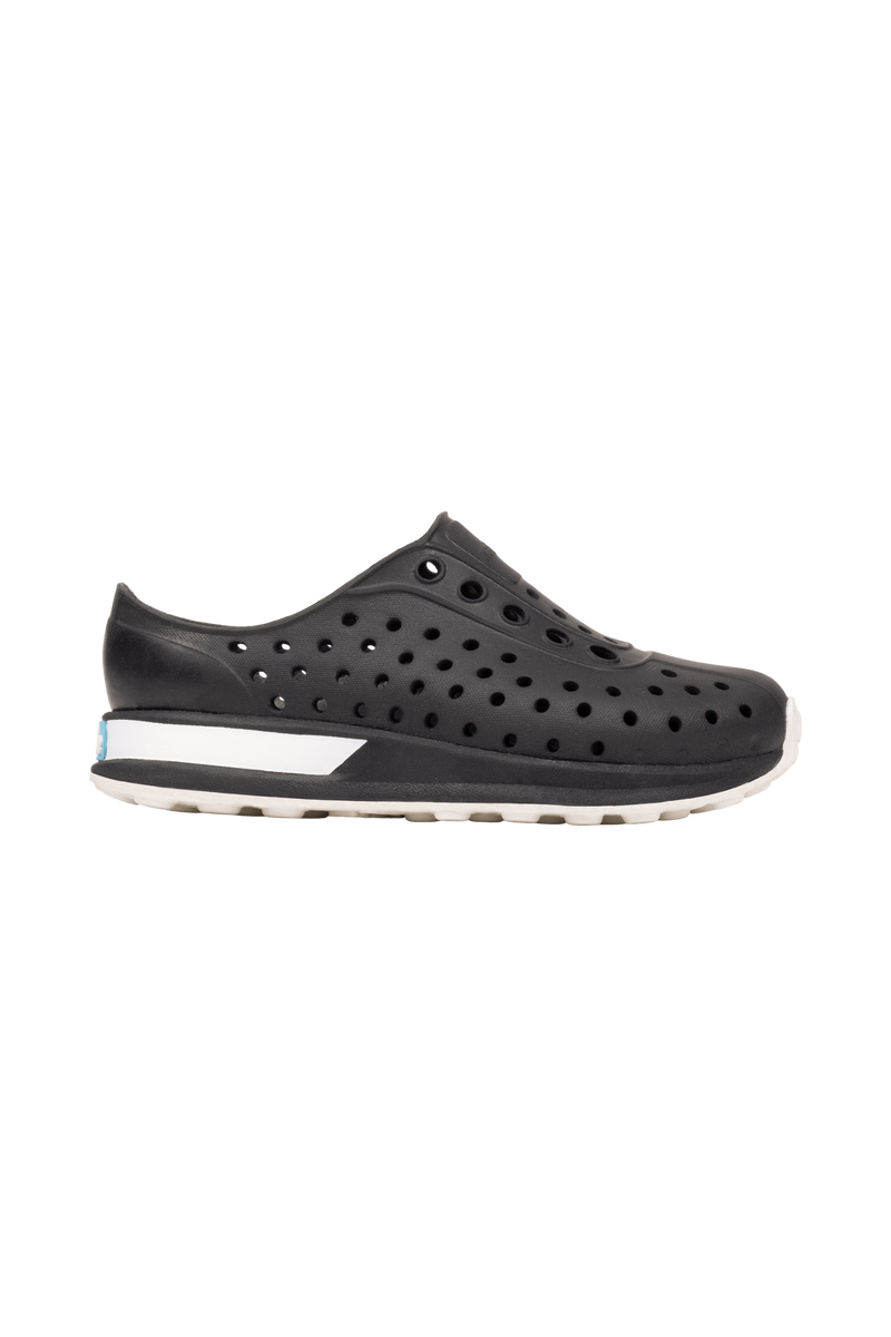 Side view of a Native Shoes Kids Robbie Block Kids Footwear in Jfyblk/Jfyblk/Shlwht/Shlspckrb