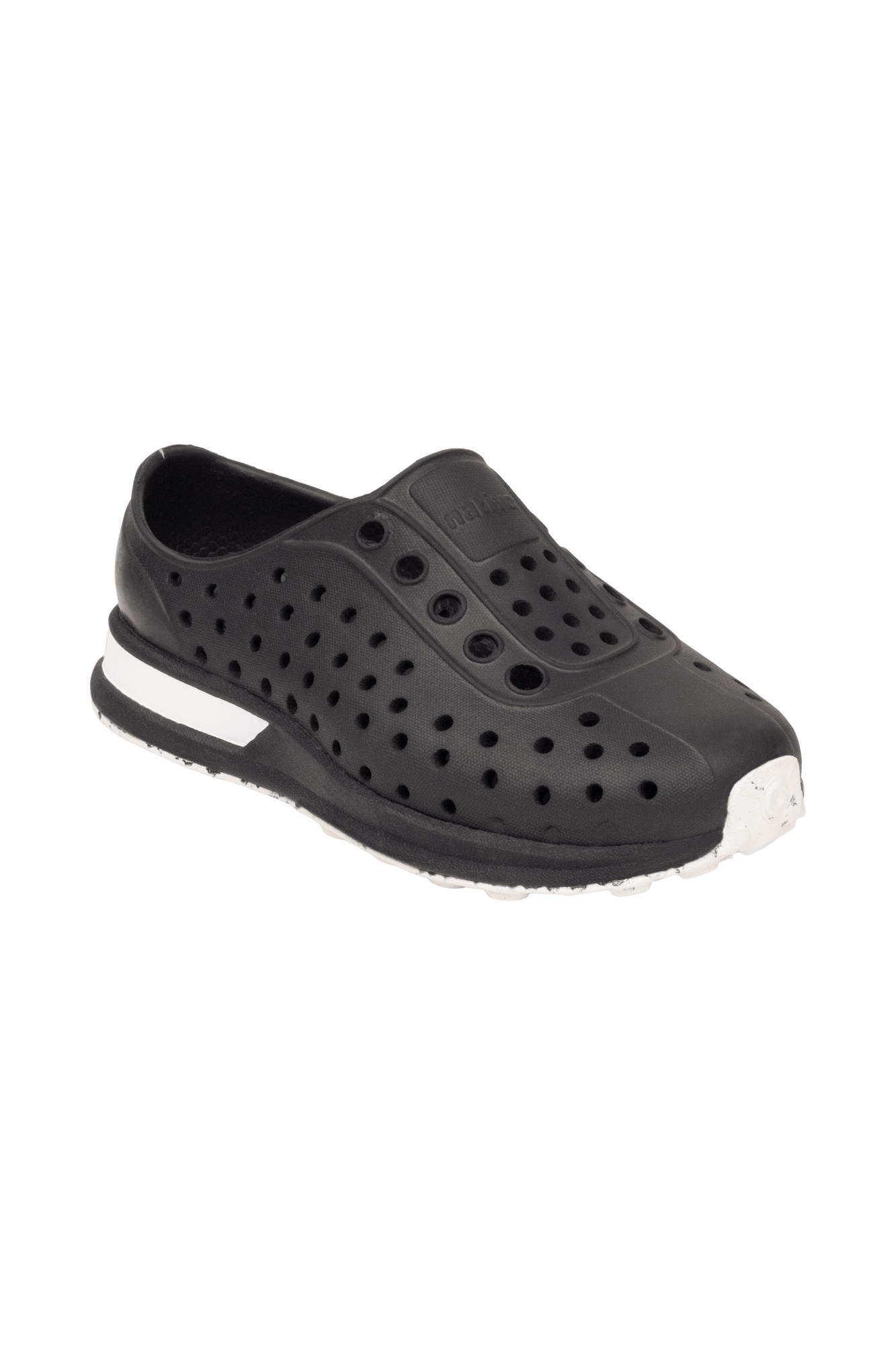 Bottom view of a Native Shoes Kids Robbie Block Kids | Jfyblk/Jfyblk/Shlwht/Shlspckrb Footwear in Jfyblk/Jfyblk/Shlwht/Shlspckrb