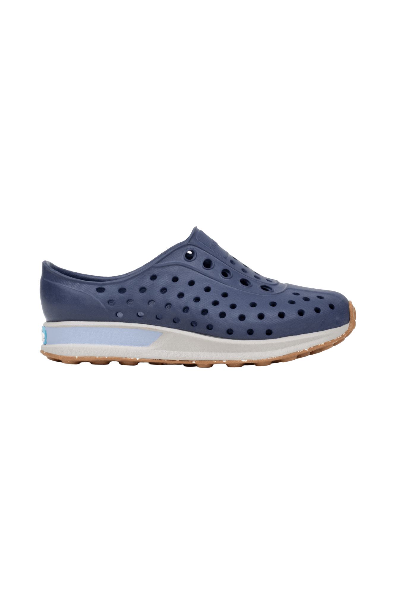 Side view of a Native Shoes Kids Robbie Block Kids Footwear in Rgtabl/Slkgry/Kingr/Uvspckrb