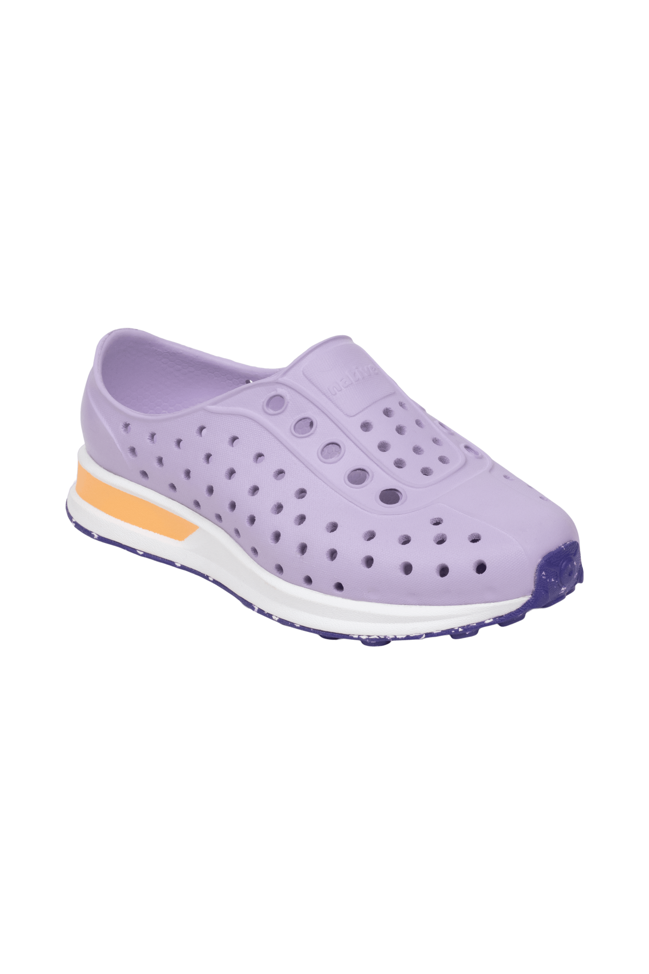 Bottom view of a Native Shoes Kids Robbie Block Kids | Troprp/Bnwht/Parapnk/Glmspckrb Footwear in Troprp/Bnwht/Parapnk/Glmspckrb
