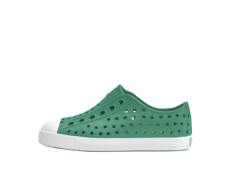 Side view of a Native Shoes Kids Jefferson Kids Footwear in Alpine Green / Shell White