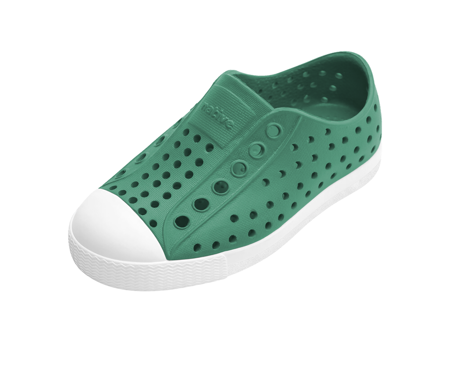 Angled view of a Native Shoes Kids Jefferson Kids | Alpine Green / Shell White Footwear in Alpine Green / Shell White