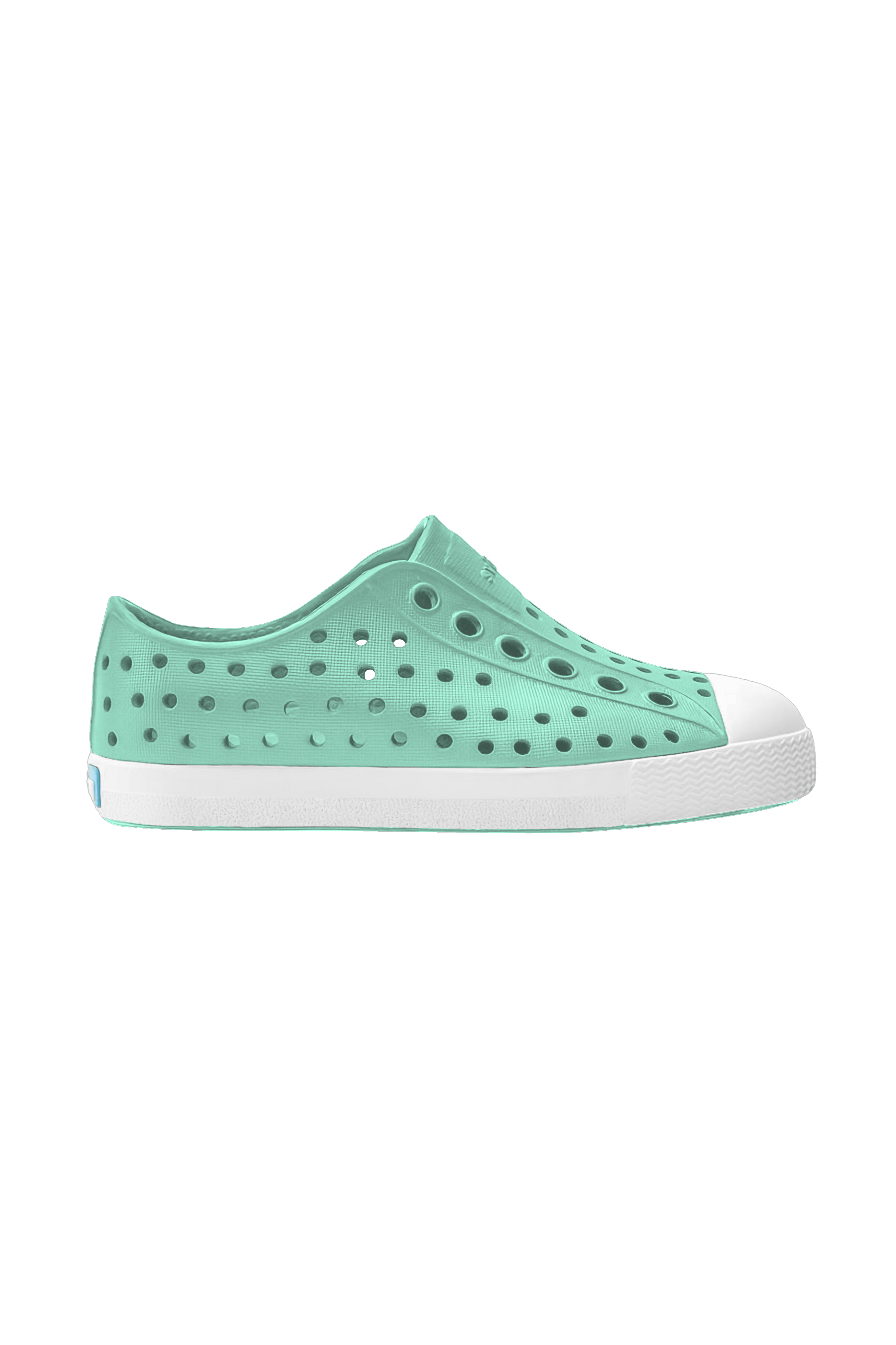 Side view of a Native Shoes Kids Jefferson Kids Footwear in Fresco Green / Shell White