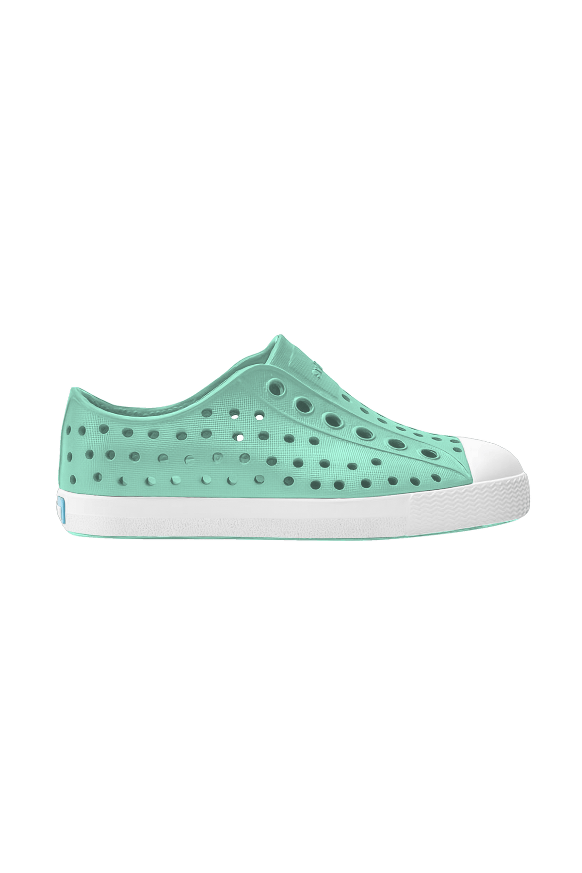 Side view of a Native Shoes Kids Jefferson Kids Footwear in Fresco Green / Shell White