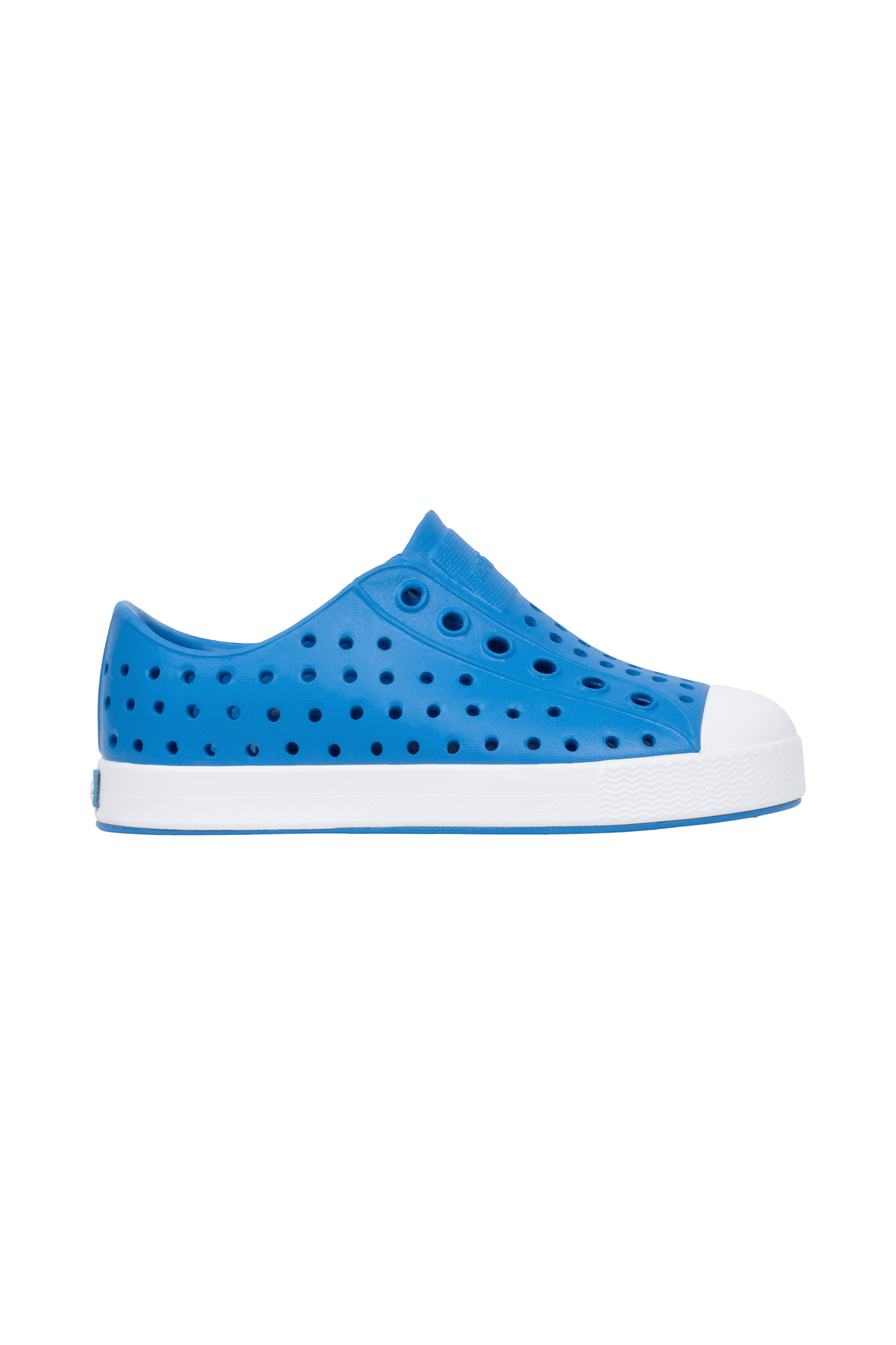 Side view of a Native Shoes Kids Jefferson Kids Footwear in Wave Blue / Shell White