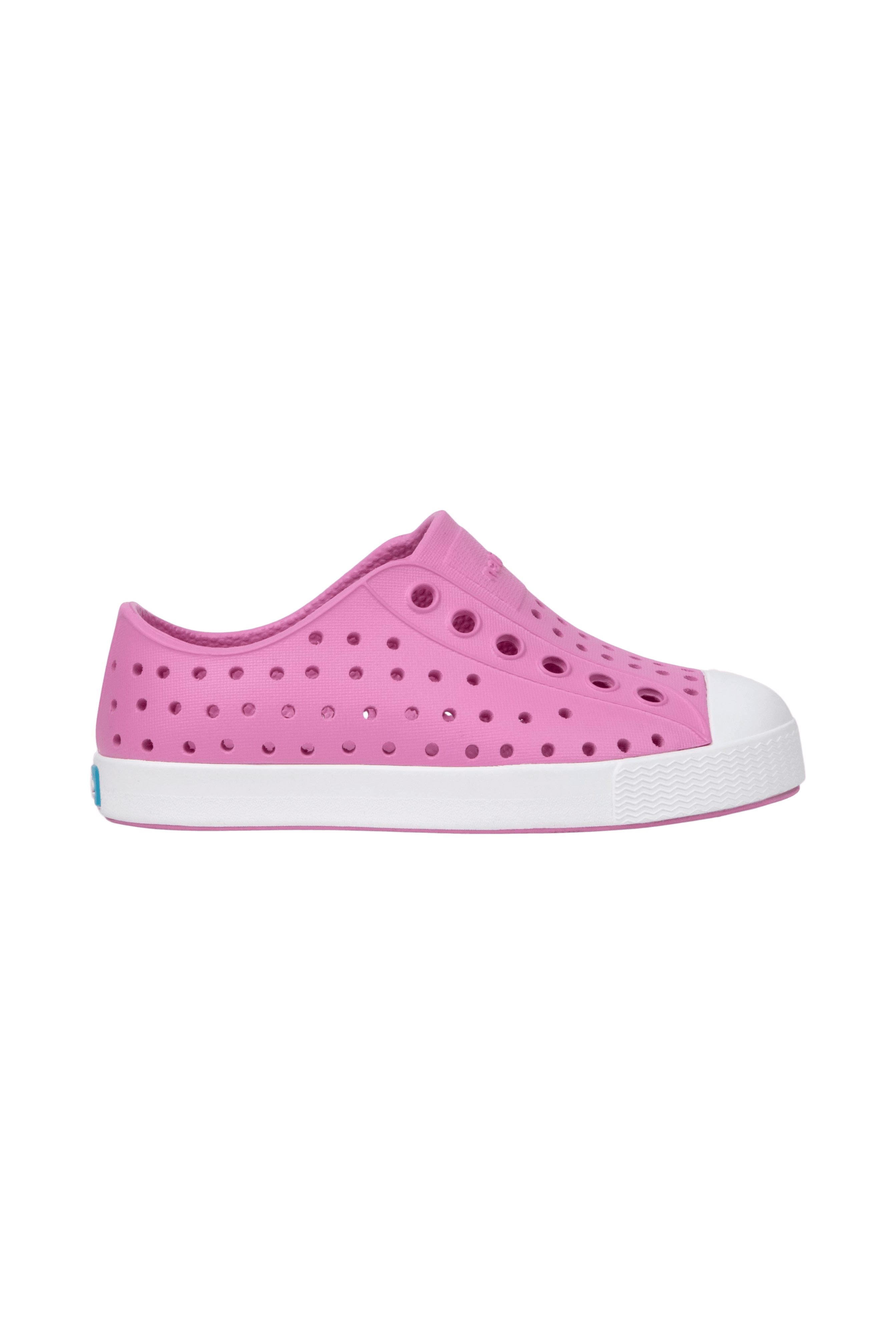 Side view of a Native Shoes Kids Jefferson Kids Footwear in Malibu Pink / Shell White