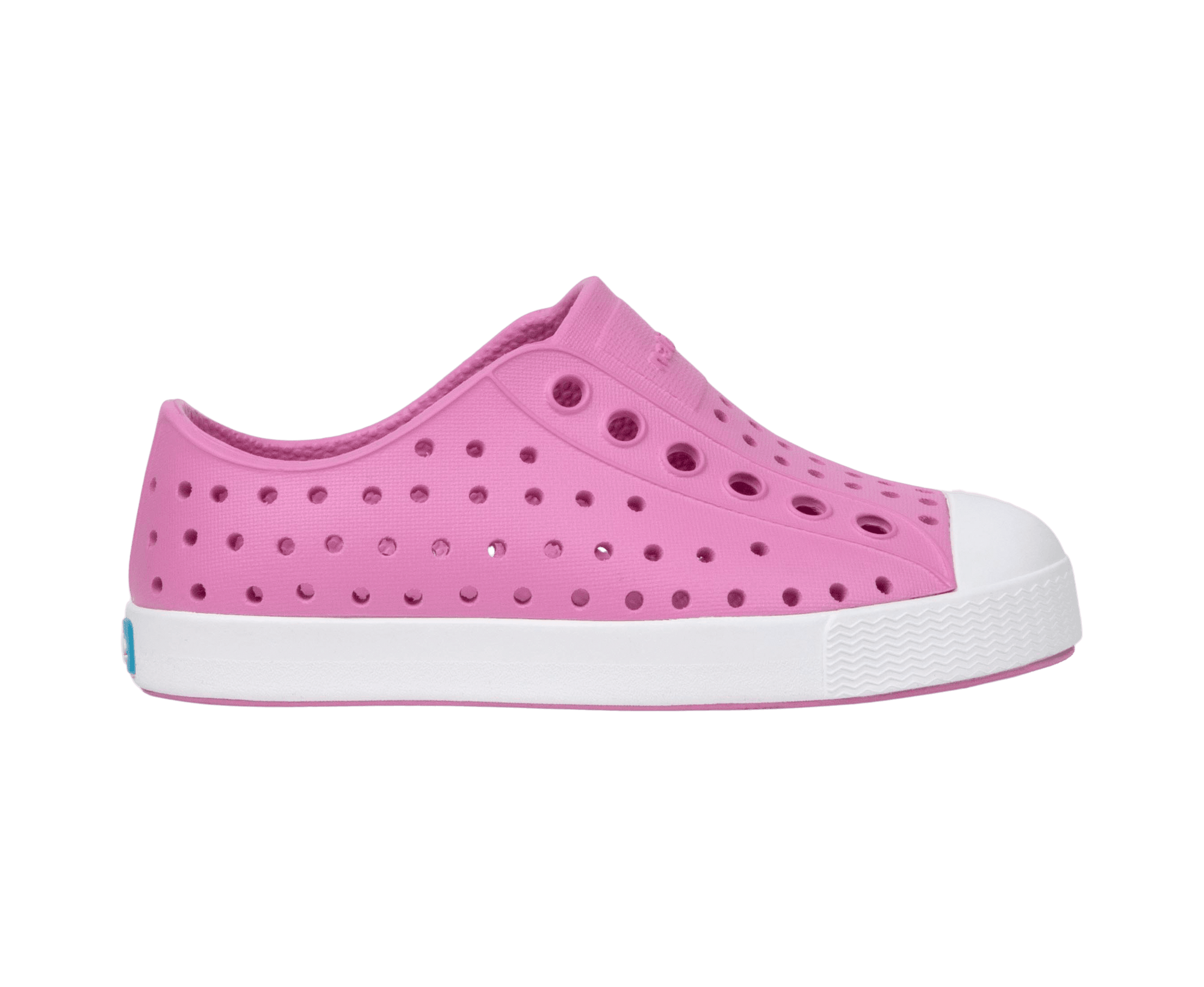 Side view of a Native Shoes Kids Jefferson Kids Footwear in Malibu Pink / Shell White
