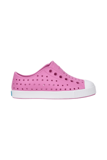 Side view of a Native Shoes Kids Jefferson Kids Footwear in Malibu Pink / Shell White