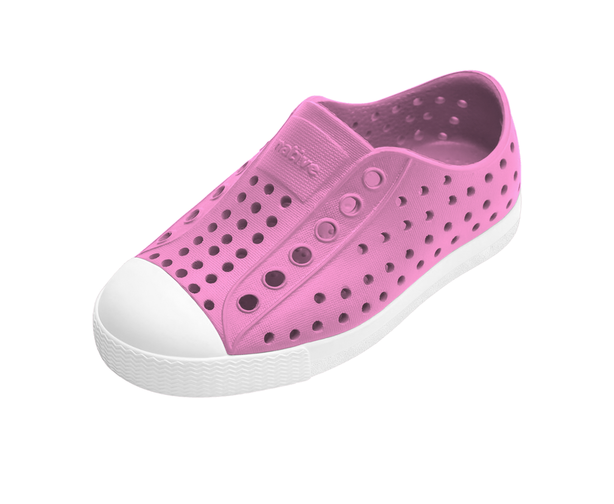 Angled view of a Native Shoes Kids Jefferson Kids | Malibu Pink / Shell White Footwear in Malibu Pink / Shell White