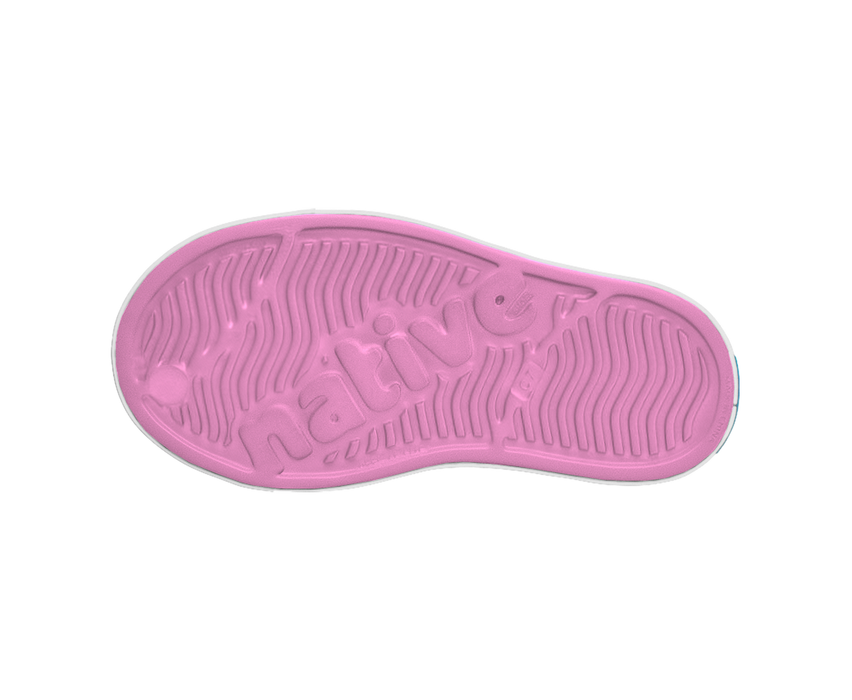 Bottom view of a Native Shoes Kids Jefferson Kids | Malibu Pink / Shell White Footwear in Malibu Pink / Shell White