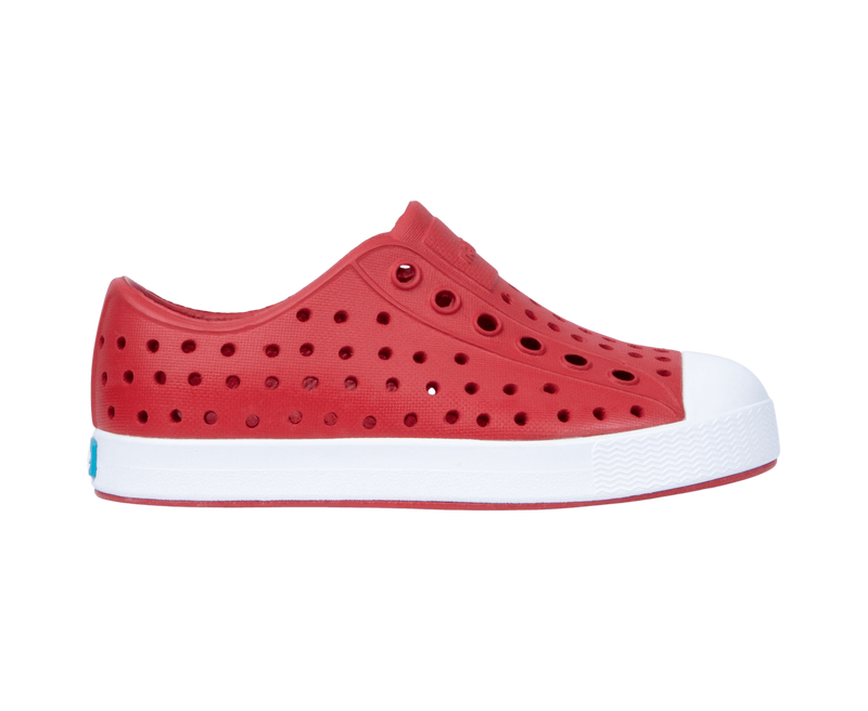 Side view of a Native Shoes Kids Jefferson Kids Footwear in Ruby Red / Shell White