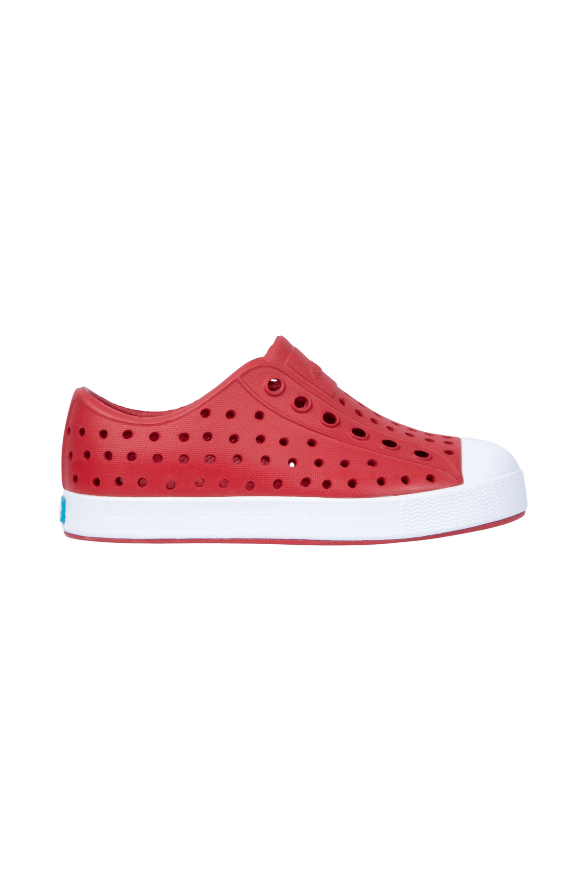 Side view of a Native Shoes Kids Jefferson Kids Footwear in Ruby Red / Shell White