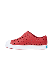 Angled view of a Native Shoes Kids Jefferson Kids | Ruby Red / Shell White Footwear in Ruby Red / Shell White