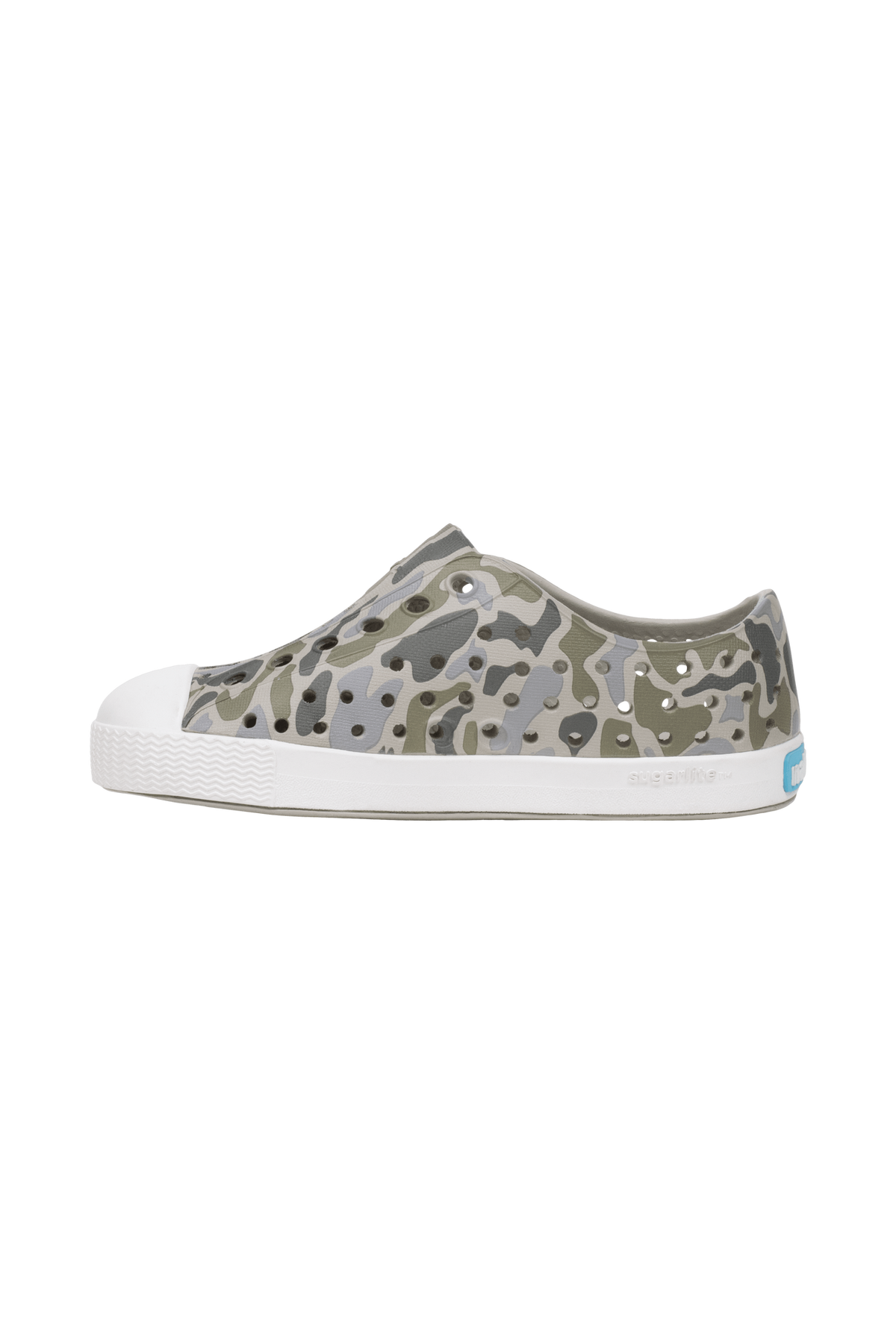 Angled view of a Native Shoes Kids Jefferson Print Kids | Slkgry/Shlwht/Vetcamo Footwear in Slkgry/Shlwht/Vetcamo