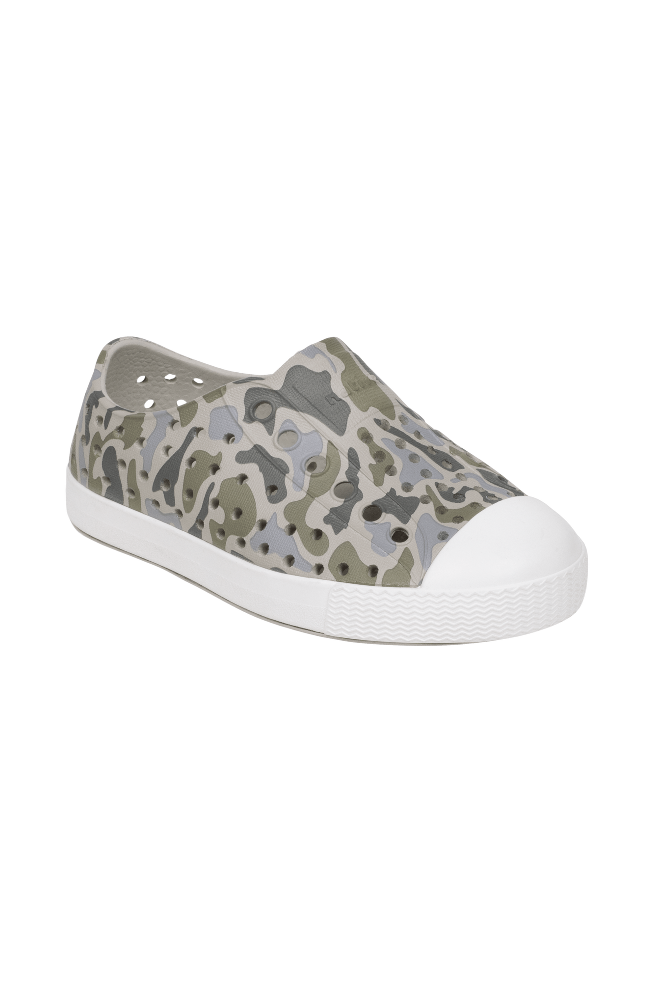 Bottom view of a Native Shoes Kids Jefferson Print Kids | Slkgry/Shlwht/Vetcamo Footwear in Slkgry/Shlwht/Vetcamo