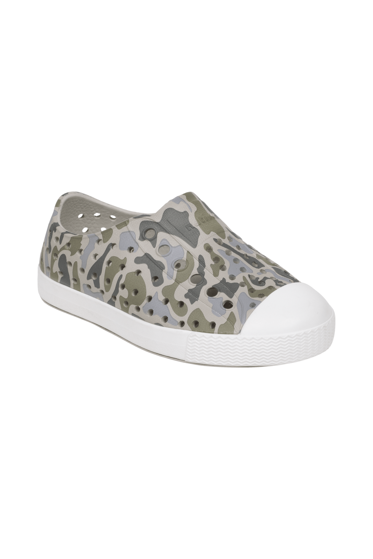 Bottom view of a Native Shoes Kids Jefferson Print Kids | Slkgry/Shlwht/Vetcamo Footwear in Slkgry/Shlwht/Vetcamo