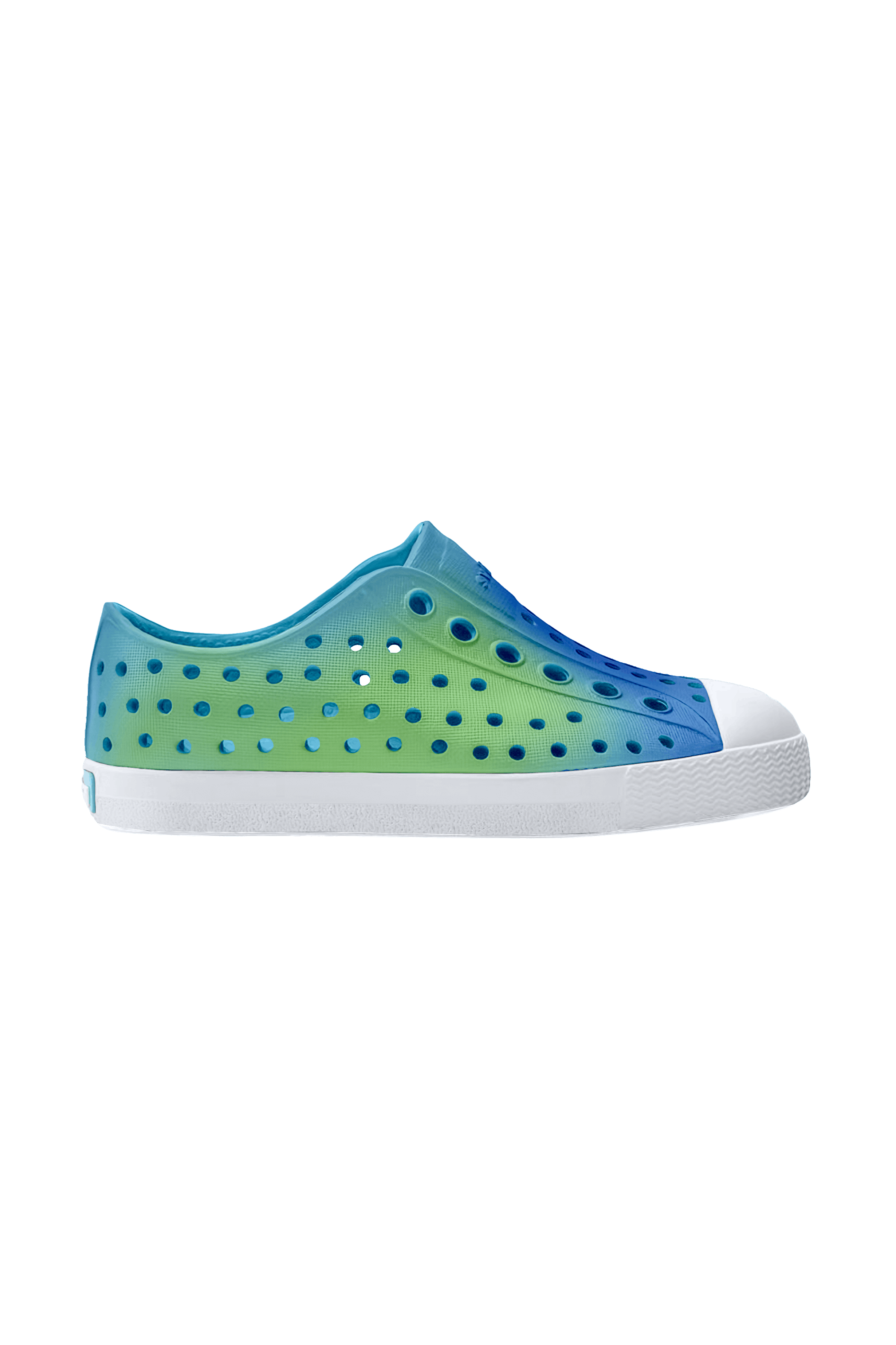 Side view of a Native Shoes Kids Jefferson Print Kids Footwear in Aquarius Blue / Shell White / Hilly Uv Blur