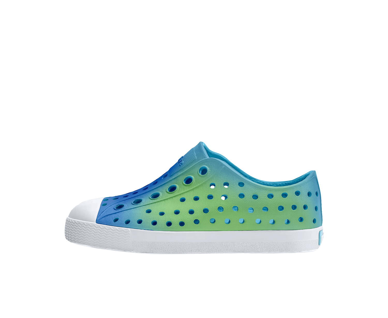 Side view of a Native Shoes Kids Jefferson Print Kids Footwear in Aquarius Blue / Shell White / Hilly Uv Blur