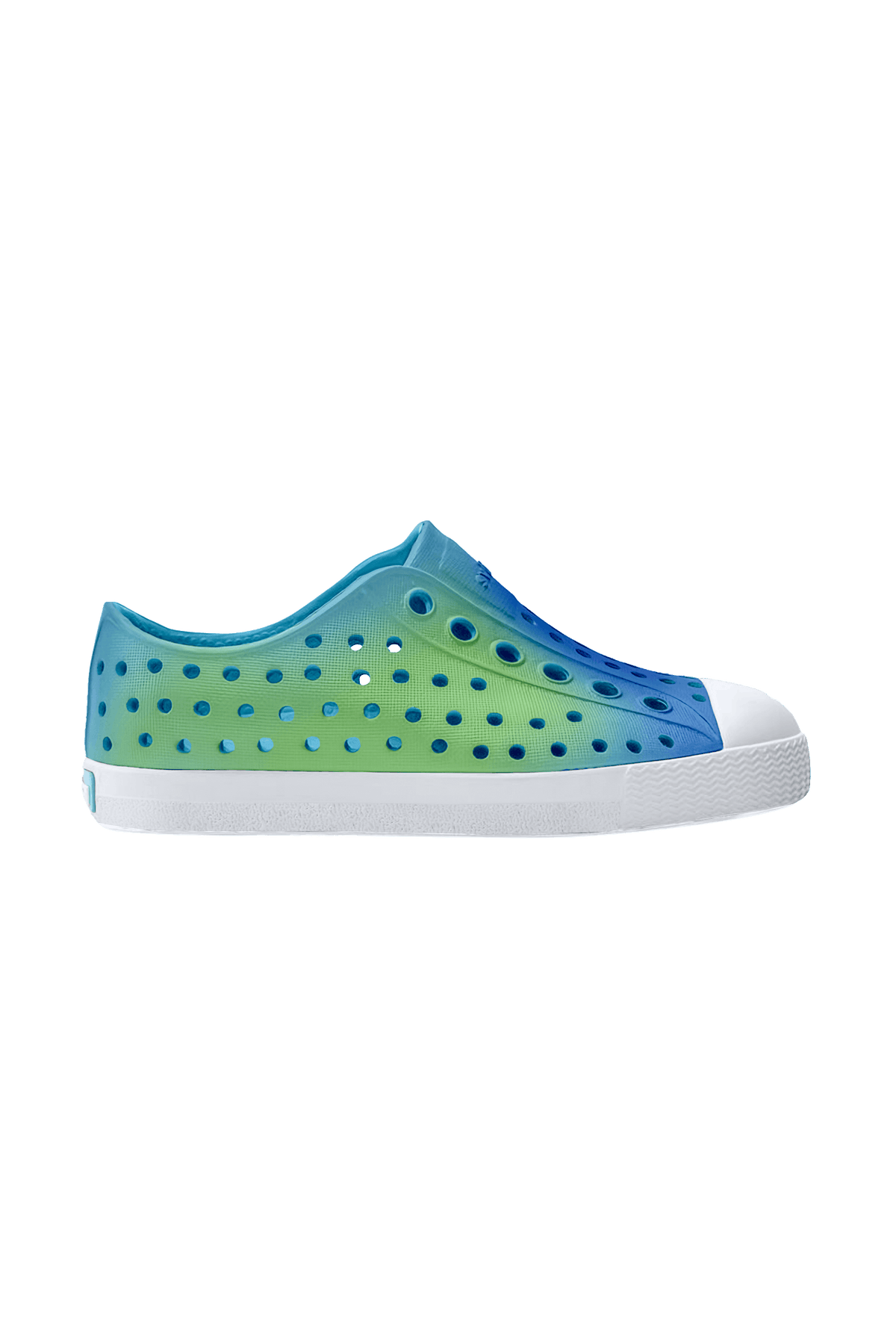Side view of a Native Shoes Kids Jefferson Print Kids Footwear in Aquarius Blue / Shell White / Hilly Uv Blur