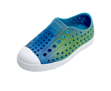 Angled view of a Native Shoes Kids Jefferson Print Kids | Aquarius Blue / Shell White / Hilly Uv Blur Footwear in Aquarius Blue / Shell White / Hilly Uv Blur