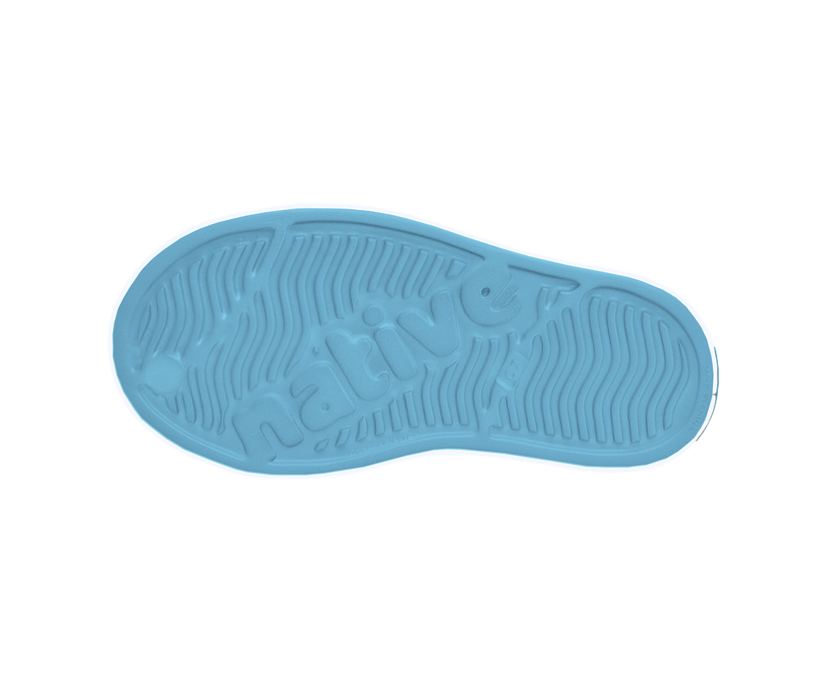 Bottom view of a Native Shoes Kids Jefferson Print Kids | Aquarius Blue / Shell White / Hilly Uv Blur Footwear in Aquarius Blue / Shell White / Hilly Uv Blur