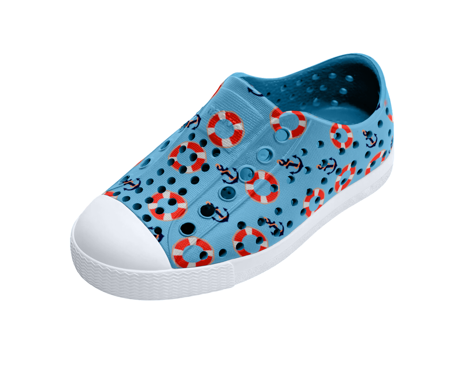 Angled view of a Native Shoes Kids Jefferson Print Kids | Aquarius Blue / Shell White / Anchors Footwear in Aquarius Blue / Shell White / Anchors