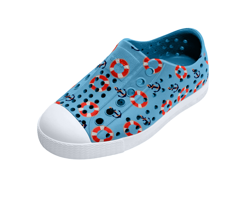 Angled view of a Native Shoes Kids Jefferson Print Kids | Aquarius Blue / Shell White / Anchors Footwear in Aquarius Blue / Shell White / Anchors